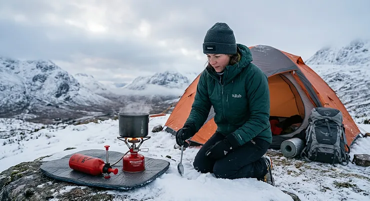 A high-performance liquid fuel camping stove operating in the snow outside a geodesic tent during a winter camping trip in the Scottish Highlands. camping stove for winter camping