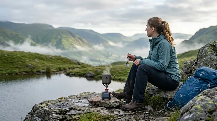 A woman wild camping in the Lake District, sitting on a rocky ledge next to a compact camping stove boiling water on an overcast day.