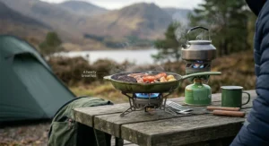 A 4K photorealistic illustration showing a larger multi-burner push fit camping stove, connected to a gas canister, currently sizzling a skillet of sausages and eggs for a hearty breakfast on a weathered wooden picnic table. Smoke rises, with the scenic Scottish loch background from previous images visible.