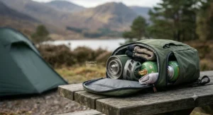 A photorealistic 4K photograph showing the entire push fit camping stove system, including the burner, gas canister, and cookware, neatly nested and stowed inside the open main compartment of a green hiking backpack on a wooden table. The scenic Scottish loch background remains.