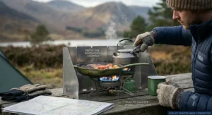 A 4K photorealistic photograph from a low perspective, capturing a multi-burner push-fit camping stove operating in a breezy Scottish Highland environment. The stove is stable, with two powerful flames protected by a clip-on metal windshield assembly. In the foreground, a camper in a Rab jacket with gloved hands is adjusting the shield with a multi-tool. Text callouts point to the components. The scenic loch and mountain background are in soft focus.