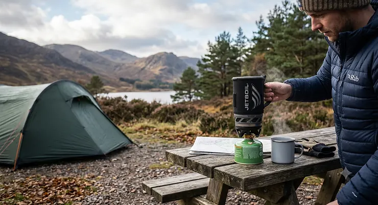 A camper wearing a Rab down jacket prepares coffee using a Jetboil push fit camping stove on a wooden picnic table, with a green tunnel tent and a scenic Scottish Loch and mountain landscape in the background.