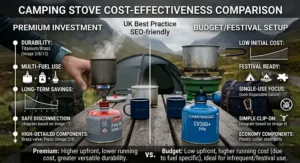 An infographic comparing the cost effectiveness of budget push fit stoves and durable screw top camping stoves.