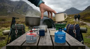 A stability comparison between a low profile screw top stove and a taller push fit camping stove on uneven ground.