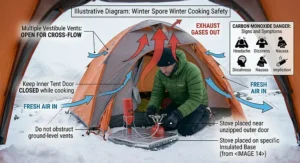 An illustration highlighting correct tent porch ventilation to ensure safe airflow and avoid carbon monoxide build-up when using a camping stove in winter.