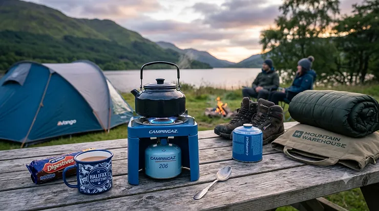 Campingaz 206 stove lit and boiling water in a kettle while camping in the UK Lake District.