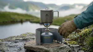 A side-on shot of a compact camping stove with a metal windscreen, boiling water in a mug on a stone ledge in the British hills.
