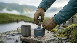 Hands in leather outdoor gloves assembling a compact camping stove by screwing the burner head onto a grey gas canister.