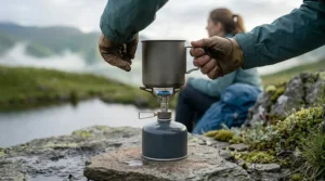 A camper adjusting a small titanium pot on a lit compact camping stove with a small blue flame, with misty hills in the background.