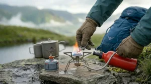 An outdoor camper using a flint striker igniter tool to light a multi-fuel compact camping stove connected to a red liquid fuel bottle.