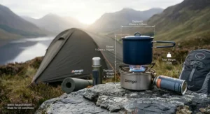 Dimensions and weight infographic of a lightweight single burner camping stove tailored for backpacking and wild camping in the UK.