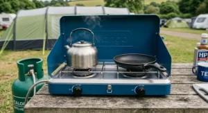 A compact two burner camping stove with integrated windshields, perfect for windy UK weather.