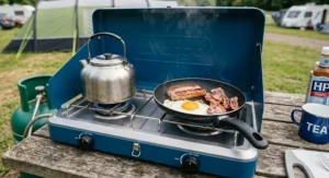 Close-up view of a fried breakfast being cooked on a double burner gas camping stove.