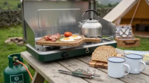A frying pan cooking a full English breakfast on a folding double burner camping stove at a UK campsite.