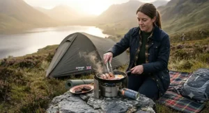 Cooking a breakfast fry-up on a portable single burner camping stove outside a tent while campsite camping.
