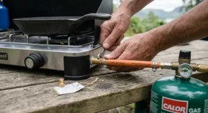 A close-up view of hands using a spanner to connect an orange LPG hose from a green Calor Gas canister to a double burner camping stove.