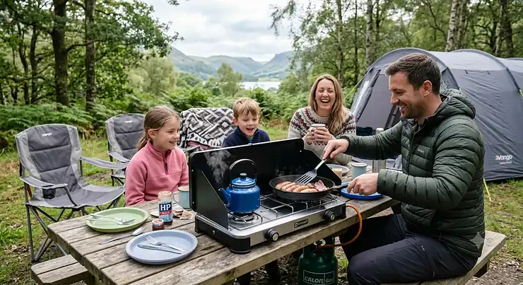 A happy British family cooking sausages on a double burner camping stove at a campsite, with a blue kettle on one hob, set against a scenic backdrop of mountains and a lake.