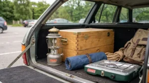 A folded double burner camping stove sitting compactly in the boot of a car alongside other essential British camping gear.