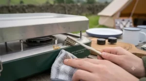 The removable drip tray area of a folding double burner camping stove being cleaned, highlighting the easy-clean design for outdoor enthusiasts.