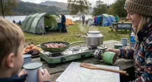 A photorealistic 4K photograph of a mother and child at a bustling campsite next to Loch Lomond. The mother is connecting a green gas canister to a double-burner Campingaz push-fit camping stove on a wooden picnic table, where sausages are frying and a kettle is boiling. Large family tunnel tents and other campers are visible in the soft-focus background.
