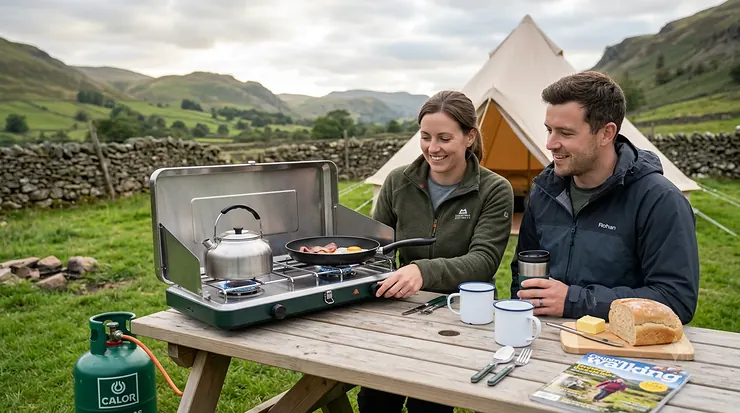 A high-quality folding double burner camping stove set up on a picnic table at a British campsite, ready for outdoor cooking.