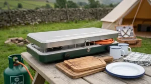 A folding double burner camping stove in its closed, packed-away position, ready for transport.