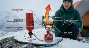 A diagram showing how a built-in heat exchanger ring on a camping pot traps heat from a winter stove burner to reduce boiling times.