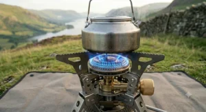 The compact burner assembly of a high output camping stove resting on its heavy-duty legs next to its green canvas storage pouch, a multi-tool, and two enamel camping mugs.