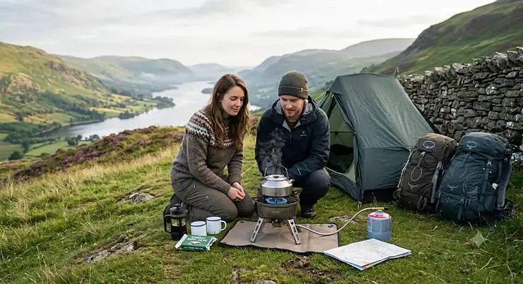 A man and a woman wild camping in the British Lake District, kneeling on the grass next to a green tent, a dry stone wall, and hiking backpacks. A high output camping stove is set up on a mat between them, boiling a stainless steel kettle with a bright blue flame.