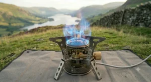 A high output camping stove boiling a pot of water next to a packet of Kendal Mint Cake and enamel mugs, featuring a technical white-line overlay diagram showing the precise simmer control mechanism.