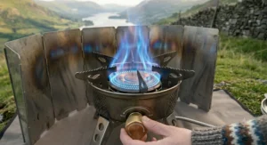 A camper wearing outdoor gloves adjusting a camping stove setup next to a dedicated Explorer Pro padded storage bag, a gas canister, and an unzipped rucksack on a camping mat.