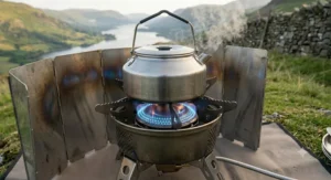 A high output camping stove operating behind a folding metal windscreen on a British hillside, with a kettle boiling on the main burner and a camping pot filled with a hearty stew resting nearby.