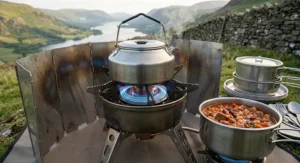 A close-up shot of a stainless steel camping kettle boiling water on a high output camping stove, showing a powerful blue gas flame and sturdy serrated pot supports against a soft-focus green background.