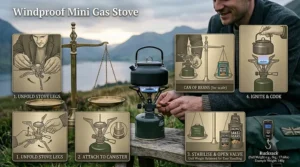 Step-by-step assembly illustration for setting up a portable mini gas stove safely when wild camping.