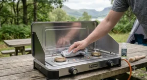 A close-up of a person using a cloth to wipe down the stainless steel surface of a double burner camping stove next to a bottle of camping stove cleaner.