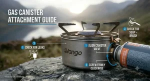 Step-by-step diagram showing how to safely attach a butane gas canister to a single burner camping stove.