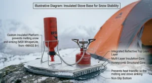 A camping stove safely mounted on a lightweight insulated base plate to prevent heat transfer and sinking into deep snow.