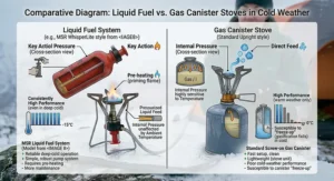 A side-by-side comparison diagram detailing the performance differences between white gas liquid fuel stoves and isobaric gas canisters in cold weather.