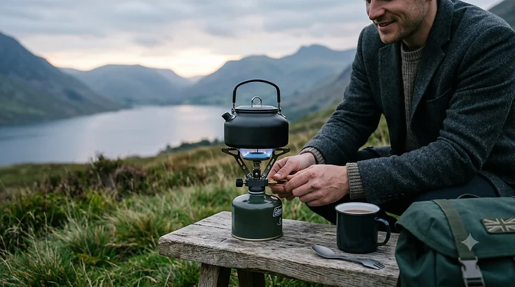 Ultra-lightweight mini gas stove with a blue flame lit outdoors on a camping holiday in the UK.