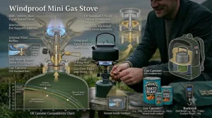 Diagram showing how a lightweight mini camping stove connects to a standard UK screw-on gas canister.