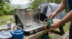 A close-up view of a person connecting a small green gas canister to a stainless steel double burner camping stove with integrated windshields on a campsite table.