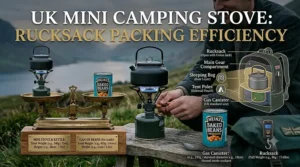 Packing guide diagram showing a compact mini gas stove neatly stored inside a camping cookpot to save space in a hiking rucksack.