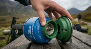 Close up diagram of a push fit camping stove clip on mechanism connecting to a gas canister.
