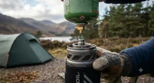 A close-up, photorealistic illustration showing the precision alignment and connection points of a push fit camping stove burner, highlighting the secure, click-on gas valve mechanism.