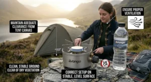 Safety guide illustration showing the correct stable ground placement of a single burner camping stove clear of tent fabric.