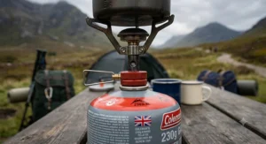 Close up of the threaded valve connection on a screw top camping stove canister.