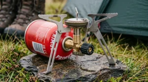 A close-up shot of a titanium screw top camping stove assembly resting on a wet rock, showing the brass threaded valve, knurled control knob, and pot support arms.