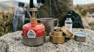 A comparison layout on a rock showing a gas-powered screw top camping stove next to a traditional brass Trangia liquid methylated spirits burner and fuel bottle.