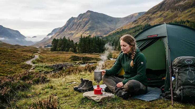 A young woman sitting cross-legged outside a green backpacking tent in the Scottish Highlands, watching a lightweight screw top camping stove boil water on a red gas canister.