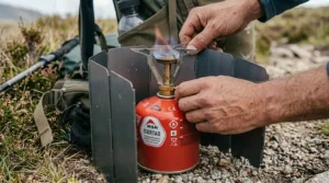 A folding metal windshield panels positioned around a lit screw top camping stove to protect the blue flame from the wind during an outdoor trek.